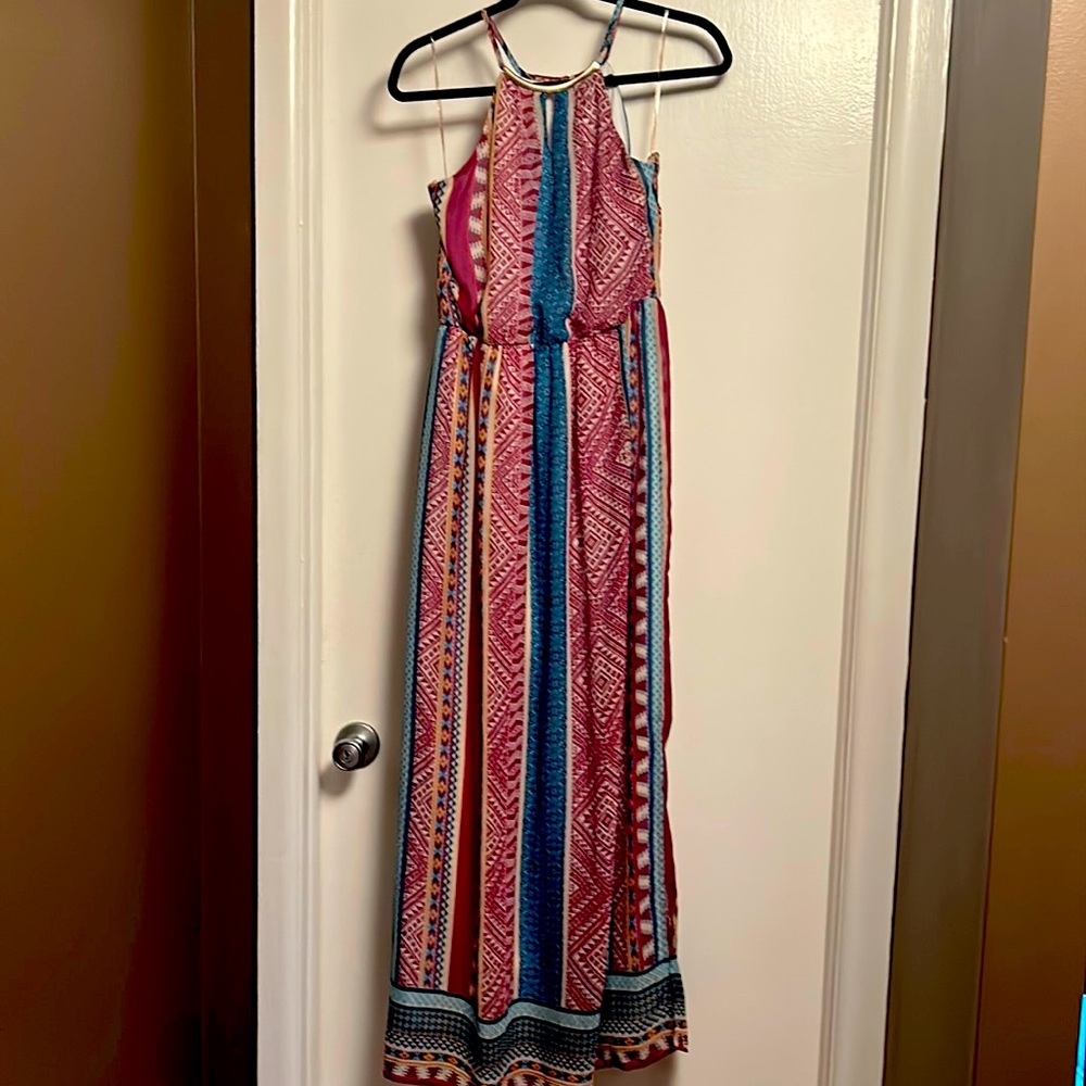 Multicolored flowy maxi dress with gold neck embellishment. Size L. NWOT